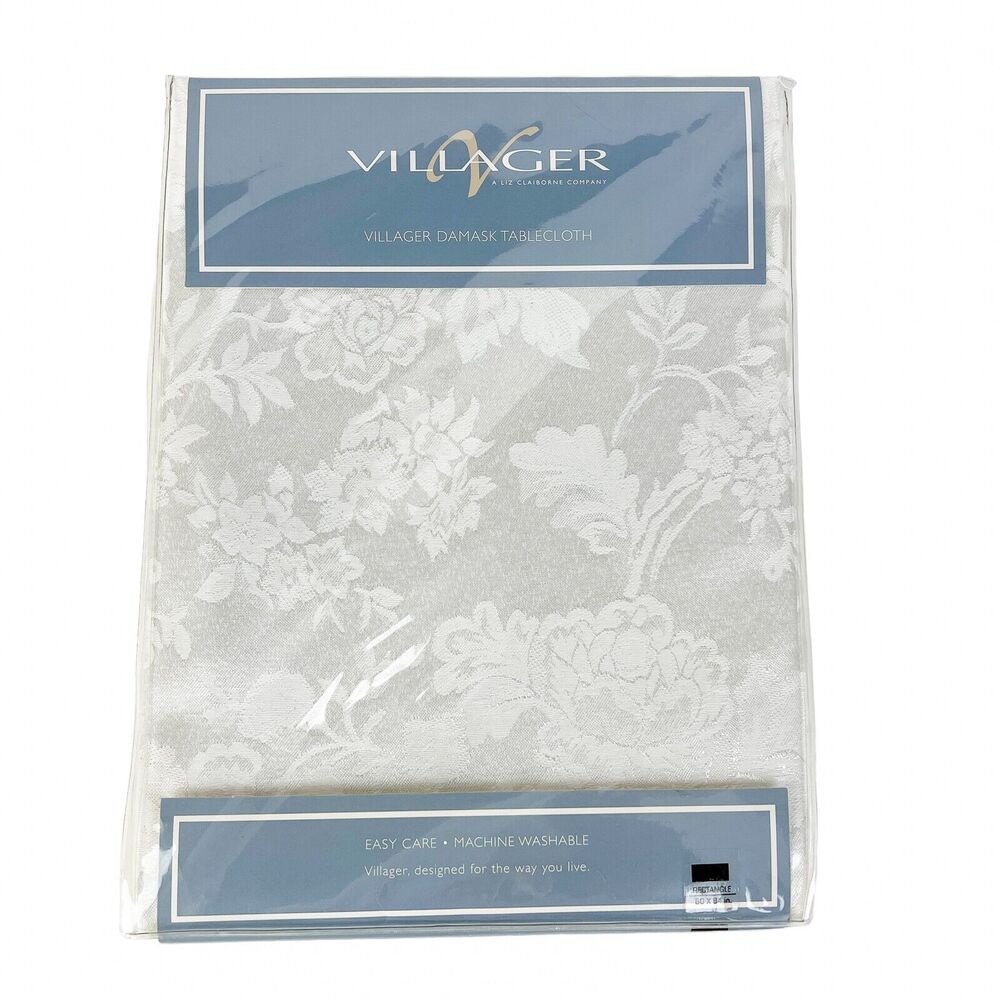 Tablecloth Liz Claiborne White Damask Rectangle 60x84 Villager Cotton Blend Vtg